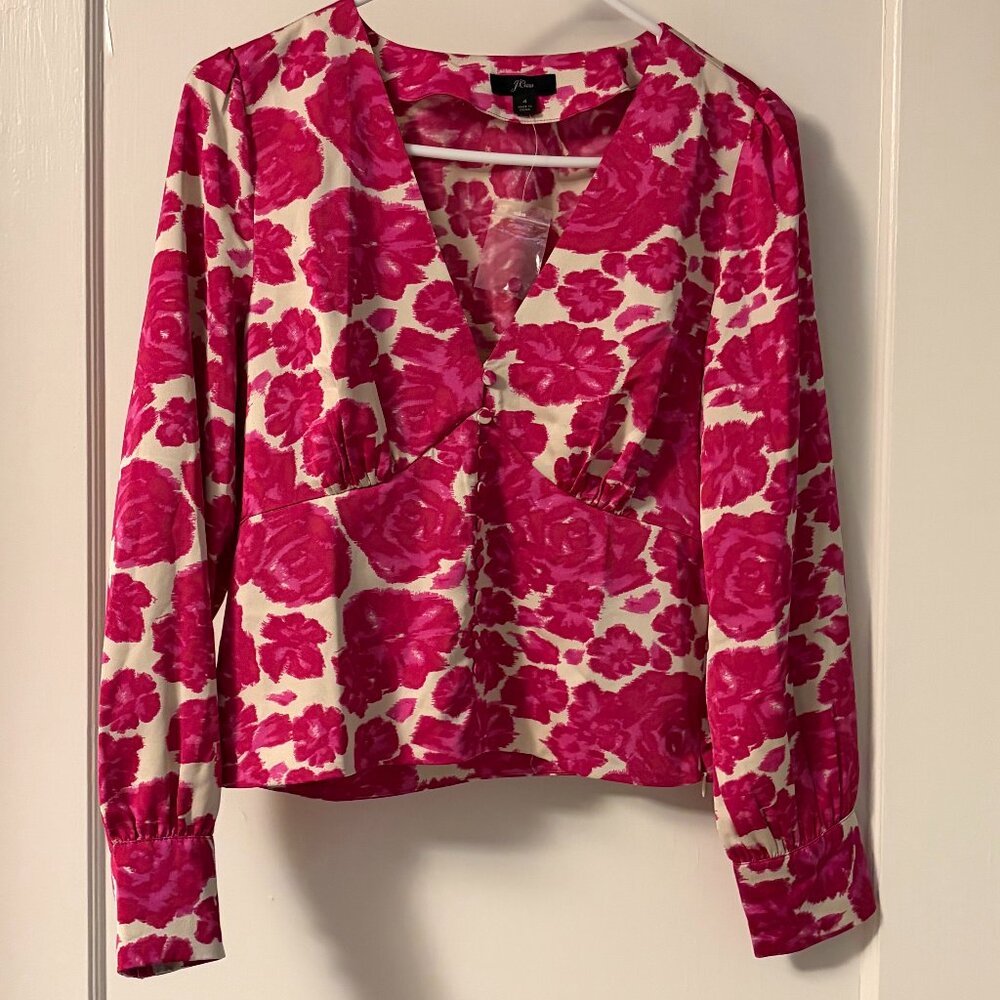 J.Crew deep v-neck satin crepe button-front fitted floral blouse size 4 NWOT